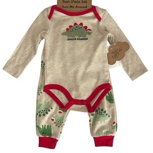 Baby‎ Essentials Beige Santa Saurus Christmas Baby 4 Pc Outfit 9mo NWT